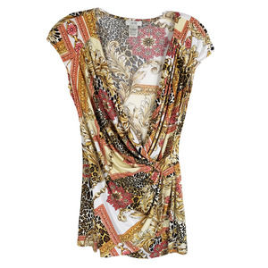 Cache Small Top Blouse Drape V‎ Neck Faux Wrap Gold Red Regal Animal Leaf 913
